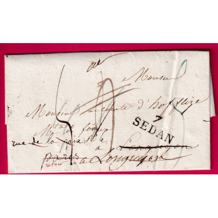 DEBOURSE DEB 55 LONGUYON TAMPON + MANUSCRIT 1825 MOSELLE DEPART SEDAN ARDENNES POUR PARIS LONGUYON 2 FOIS LETTRE COVER