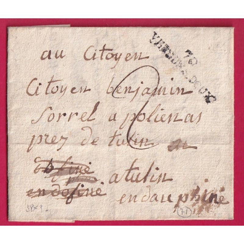 MARQUE 70 VERDUN SUR LE DOUBS HAUTE SAONE POUR TULLINS ISERE TEXTE MOLAIZE AN 9 LETTRE COVER
