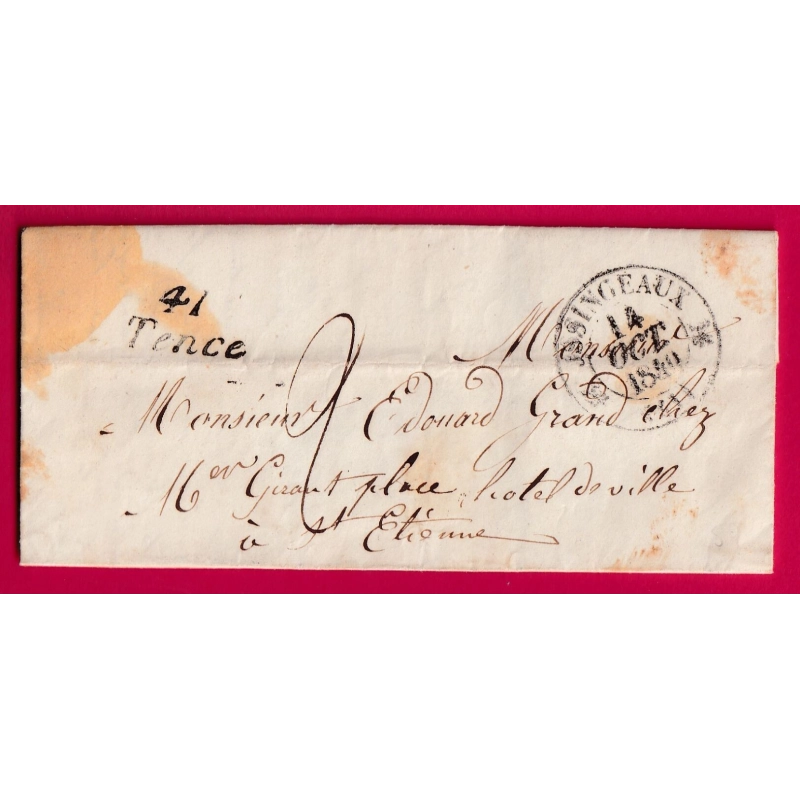 CURSIVE 41 TENCE CAD TYPE 12 YSSINGEAUX HAUTE LOIRE 1840 POUR ST ETIENNE LETTRE COVER