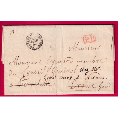CAD TYPE 15 CHAMBRE DES DEPUTES PARIS 1842 + PP ROUGE POUR PIERRELATTE DROME REEXP NIMES GARD  LETTRE COVER