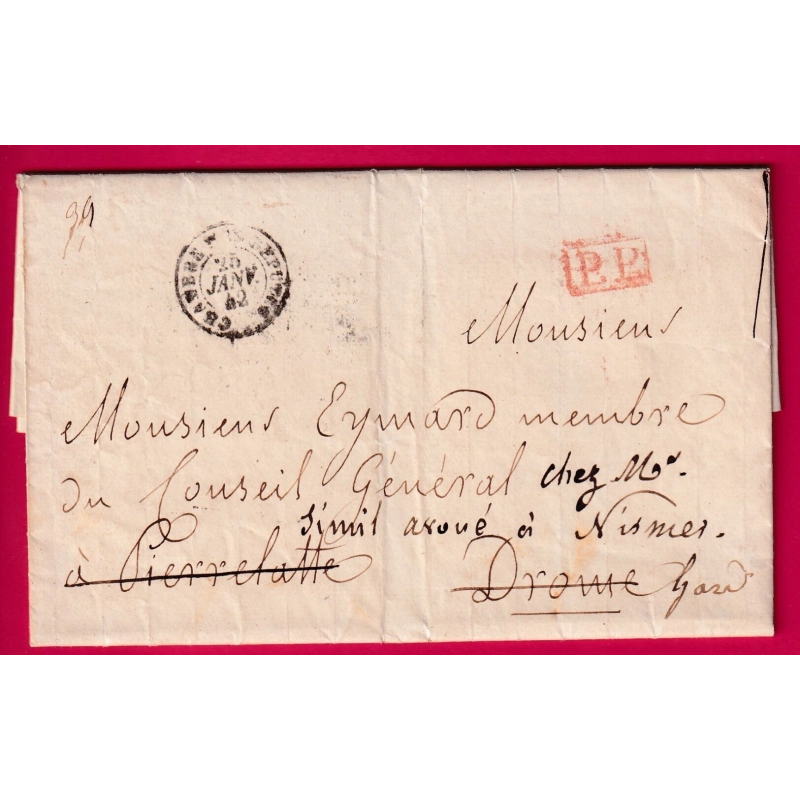 CAD TYPE 15 CHAMBRE DES DEPUTES PARIS 1842 + PP ROUGE POUR PIERRELATTE DROME REEXP NIMES GARD  LETTRE COVER