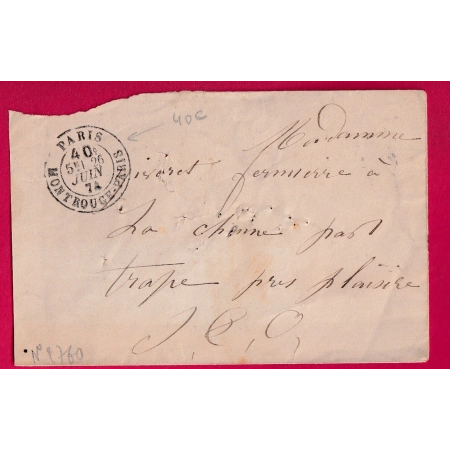 CACHET TAXE 40C MONTROUGE PARIS 1874 POUR TRAPPES LETTRE COVER