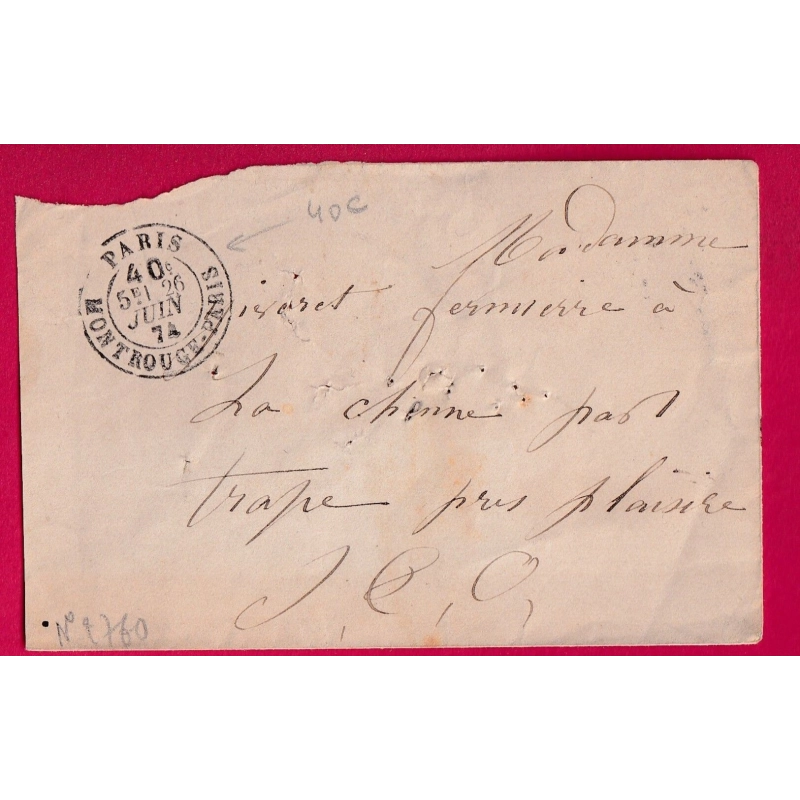 CACHET TAXE 40C MONTROUGE PARIS 1874 POUR TRAPPES LETTRE COVER
