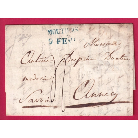 MARQUE SARDE MOUTIERS SAVOIE EN BLEU 1829 POUR ANNECY HAUTE SAVOIE LETTRE COVER