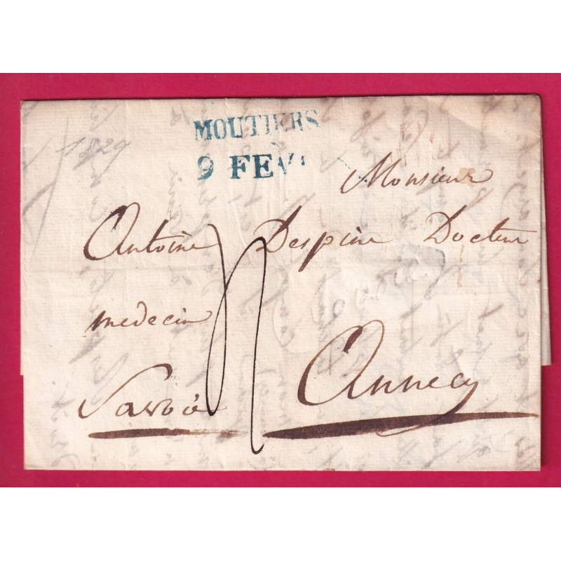 MARQUE SARDE MOUTIERS SAVOIE EN BLEU 1829 POUR ANNECY HAUTE SAVOIE LETTRE COVER