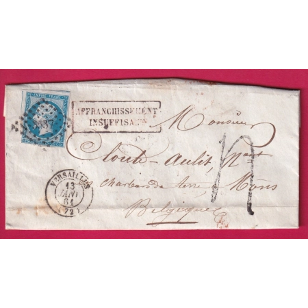 N°14 PC 3537 VERSAILLES TAXE TAMPON 4 AFFRANCH INSUFF POUR MONS BELGIQUE LETTRE COVER