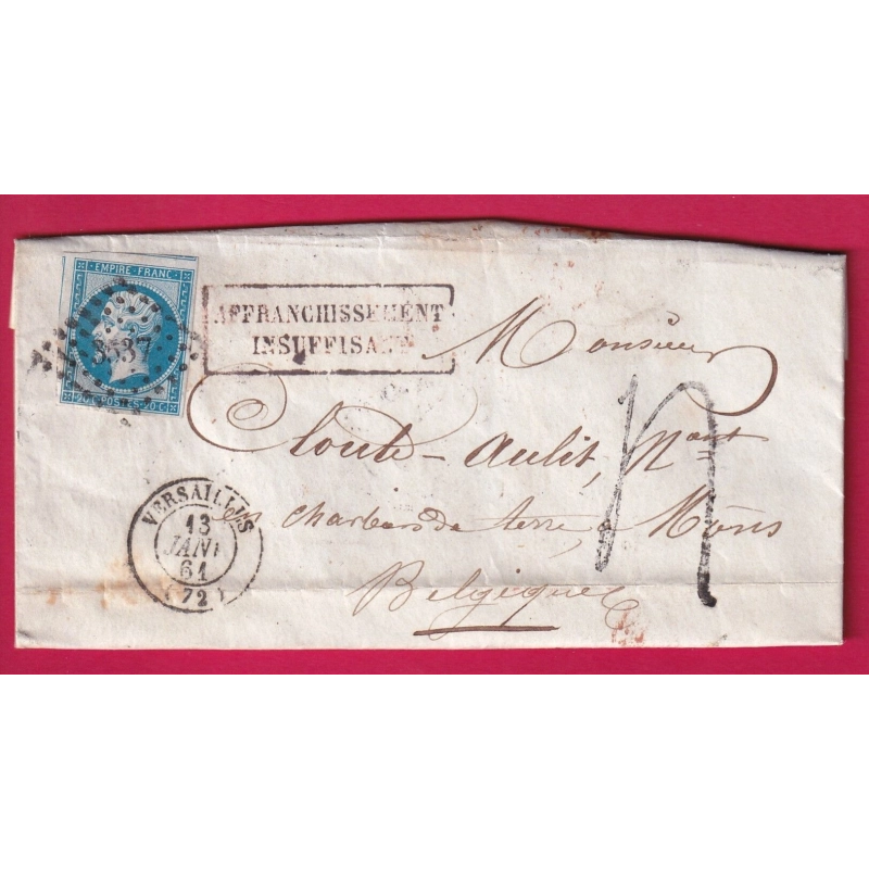 N°14 PC 3537 VERSAILLES TAXE TAMPON 4 AFFRANCH INSUFF POUR MONS BELGIQUE LETTRE COVER
