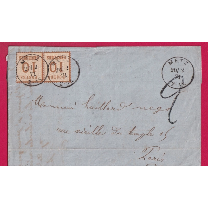 ALSACE LORRAINE N°5 PAIRE METZ MOSELLE POUR PARIS TAXE TAMPON 2 1871 LETTRE COVER