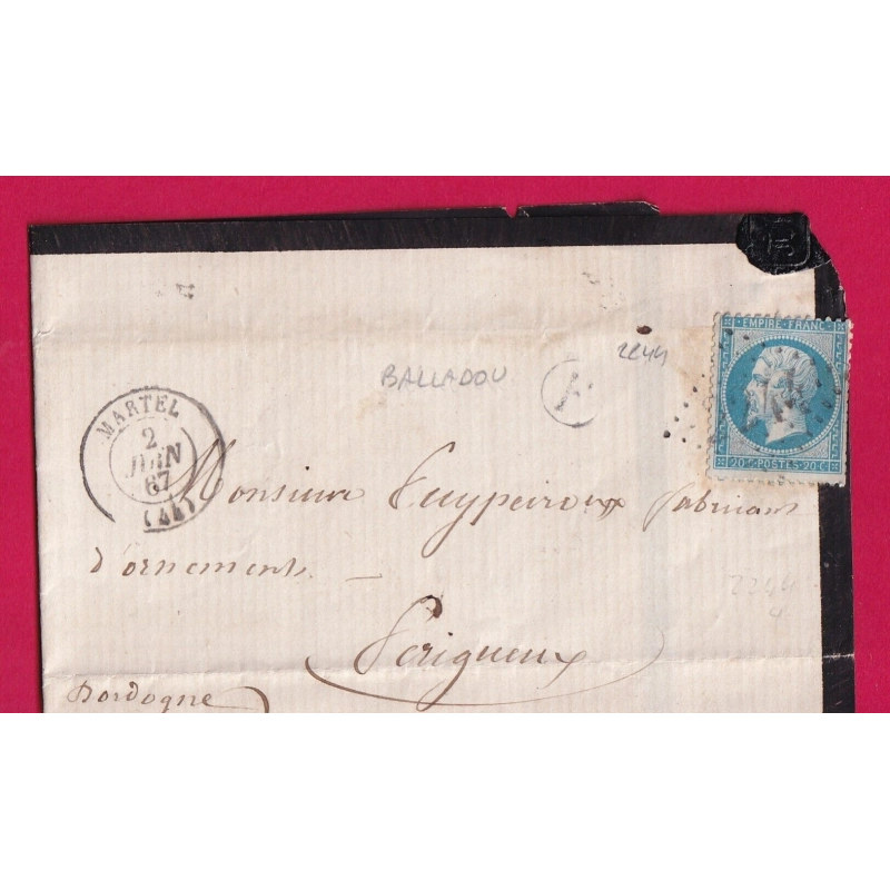 N°22 GC 2244 MARTEL LOT BOITE RURALE F BALADOU POUR PERIGUEUX DORDOGNE LETTRE COVER