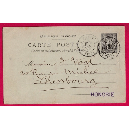 ENTIER SAGE 10C REPIQUE HACHETTE PARIS 1898 POUR PRESSBOURG HONGRIE HUNGARY LETTRE COVER