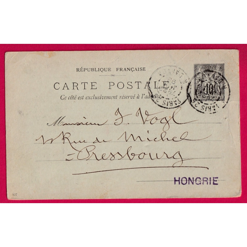 ENTIER SAGE 10C REPIQUE HACHETTE PARIS 1898 POUR PRESSBOURG HONGRIE HUNGARY LETTRE COVER