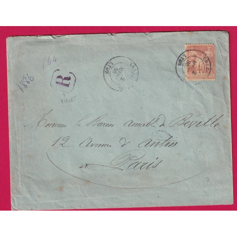 N°94 CHARGEMENT LYON RECOMMANDE EN VIOLET RHONE 1886 POUR PARIS LETTRE COVER