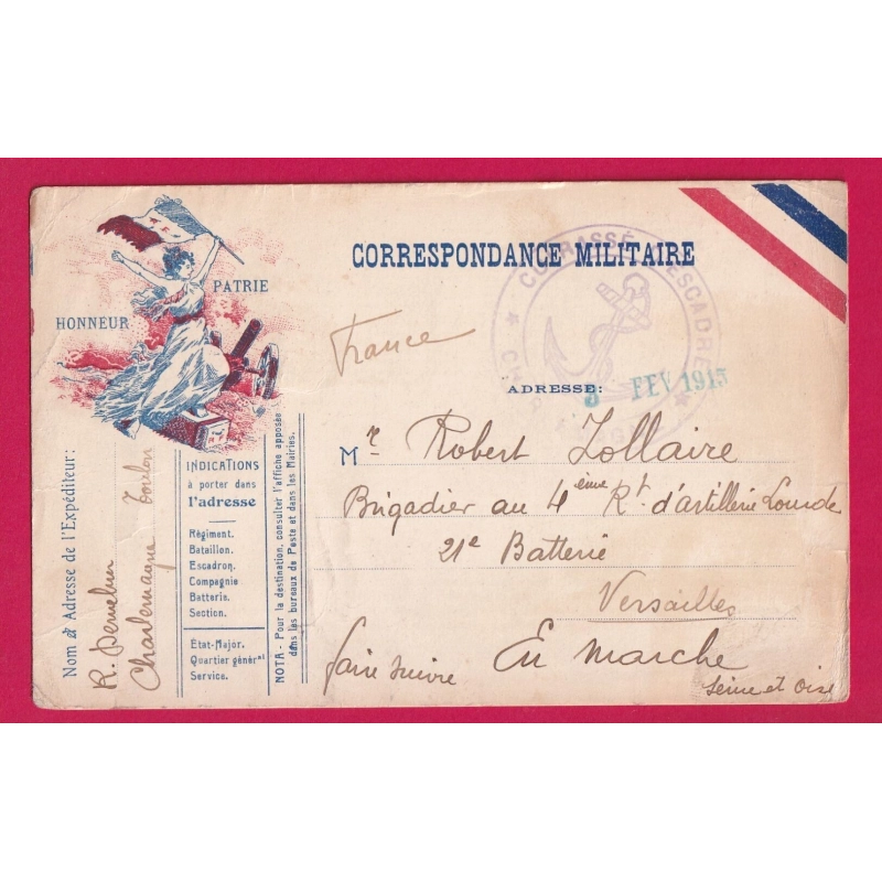 WW1 CARTE FM CUIRASSE D'ESCADRE CHARLEMAGNE EN MER 1915 POUR VERSAILLES LETTRE COVER