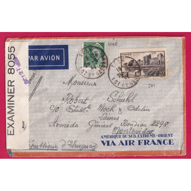 N°414B 501 AGEN LOT ET GARONNE PAR AVION MONTEVIDEO URUGUAY CENSURE ANGLAISE ANGLETERRE 1941 WW2 LETTRE COVER