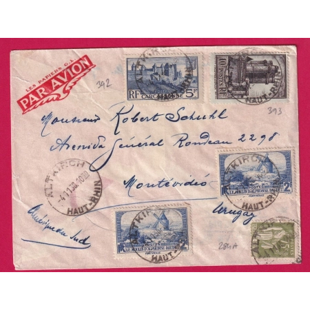 N°311 284A 392 393 ALTKIRCH HAUT RHIN PAR AVION MONTEVIDEO URUGUAY 1938 LETTRE COVER