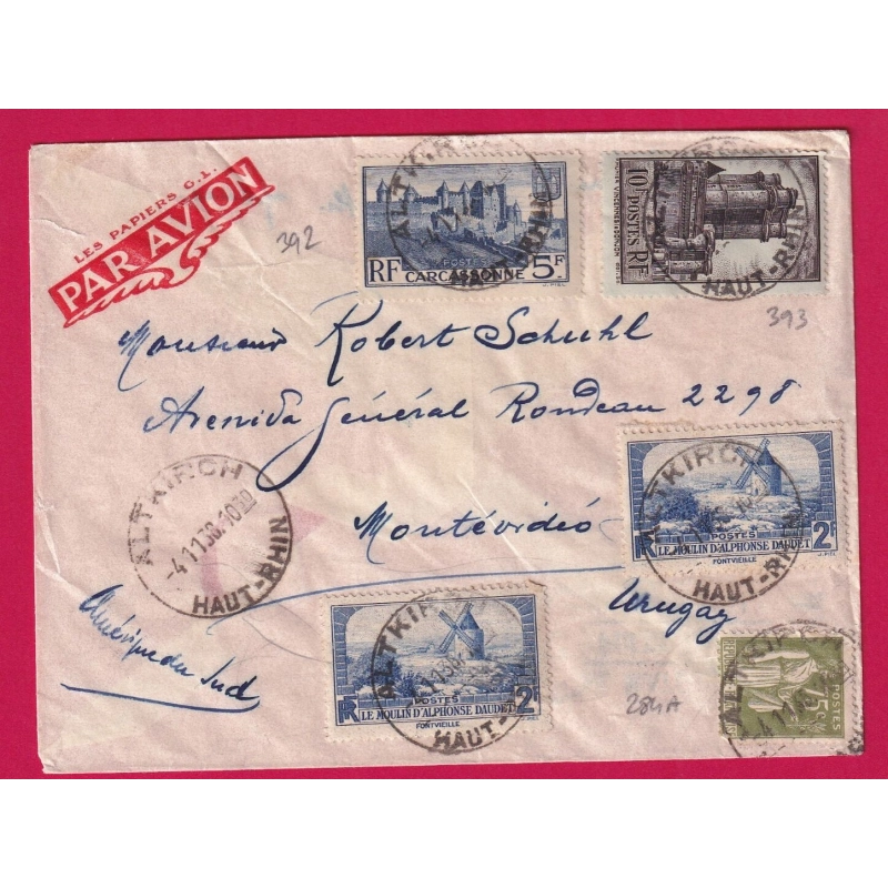 N°311 284A 392 393 ALTKIRCH HAUT RHIN PAR AVION MONTEVIDEO URUGUAY 1938 LETTRE COVER