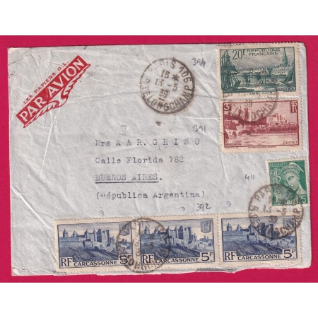 N°411 391 392 394 PARIS 1939 PAR AVION MONTEVIDEO URUGUAY LETTRE COVER