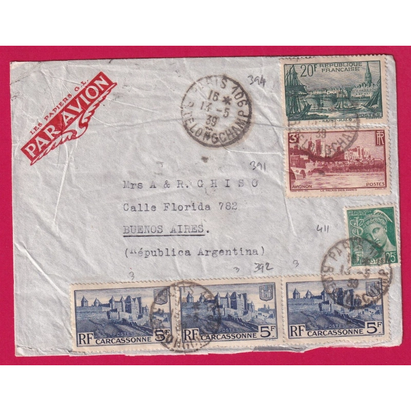 N°411 391 392 394 PARIS 1939 PAR AVION MONTEVIDEO URUGUAY LETTRE COVER