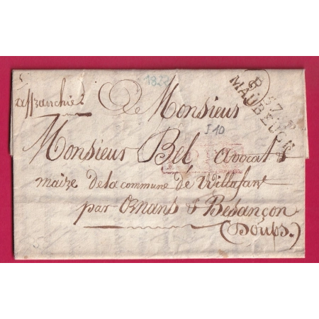 MARQUE P57P MAUBEUGE NORD 1822 POUR VILLAFRANS BESANCON DOUBS LETTRE COVER