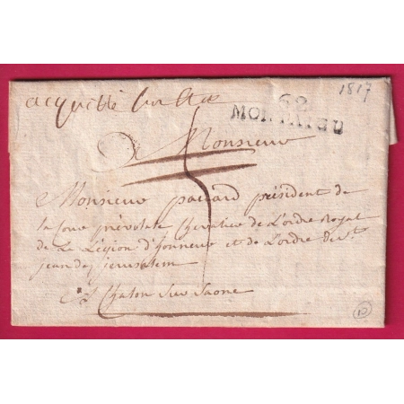 MARQUE 62 MONTAIGU PUY DE DOME MENTION ACQUITTE AU BUREAU TAXE ANNULE POUR CHALON SUR SAONE 1817 LETTRE COVER