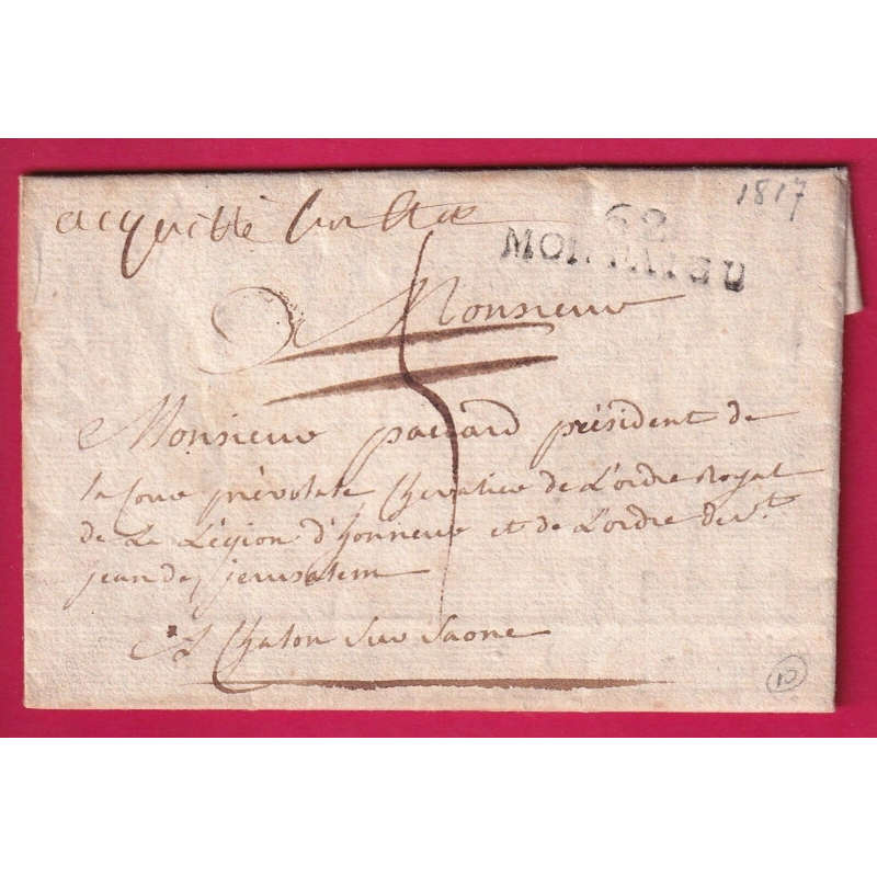 MARQUE 62 MONTAIGU PUY DE DOME MENTION ACQUITTE AU BUREAU TAXE ANNULE POUR CHALON SUR SAONE 1817 LETTRE COVER