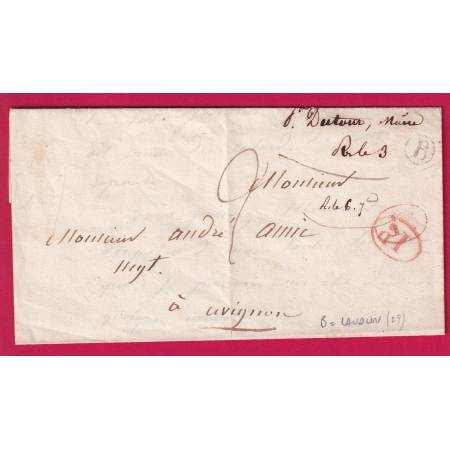 BOITE RURALE SEULE B LAUDUN GARD + DECIME RURAL POUR AVIGNON VAUCLUSE 1845 LETTRE COVER