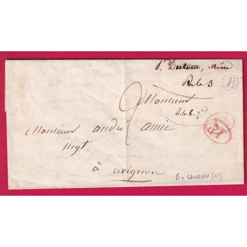 BOITE RURALE SEULE B LAUDUN GARD + DECIME RURAL POUR AVIGNON VAUCLUSE 1845 LETTRE COVER