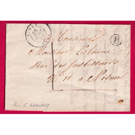 CAD TYPE 15 NIMES GARD BOITE RURALE B ST GERVASY TAXE LOCALE 1 + CL ROUGE POUR NIMES 1852 LETTRE COVER