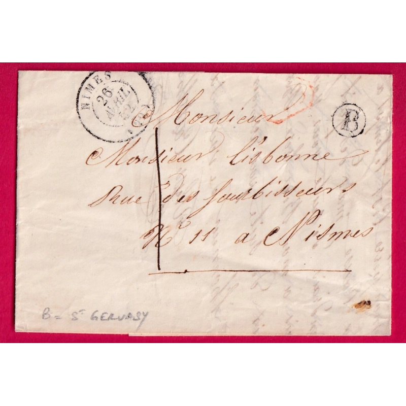 CAD TYPE 15 NIMES GARD BOITE RURALE B ST GERVASY TAXE LOCALE 1 + CL ROUGE POUR NIMES 1852 LETTRE COVER