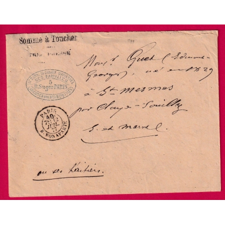 CACHET TAXE 40C PARIS R BONAPARTE 1877 CLAYE SOUILLY SEINE ET MARNE MENTION SOMME A TOUCHER LETTRE COVER