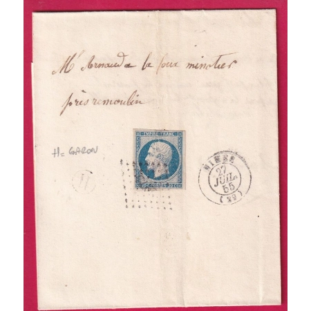 N°14 PC NIMES GARD BOITE RURALE H GARON POUR REMOULINS 1855 LETTRE COVER