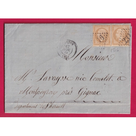 N°21 X2 GC 2316 MENTON ALPES MARITIMES POUR GIGNAC HERAULT LETTRE COVER