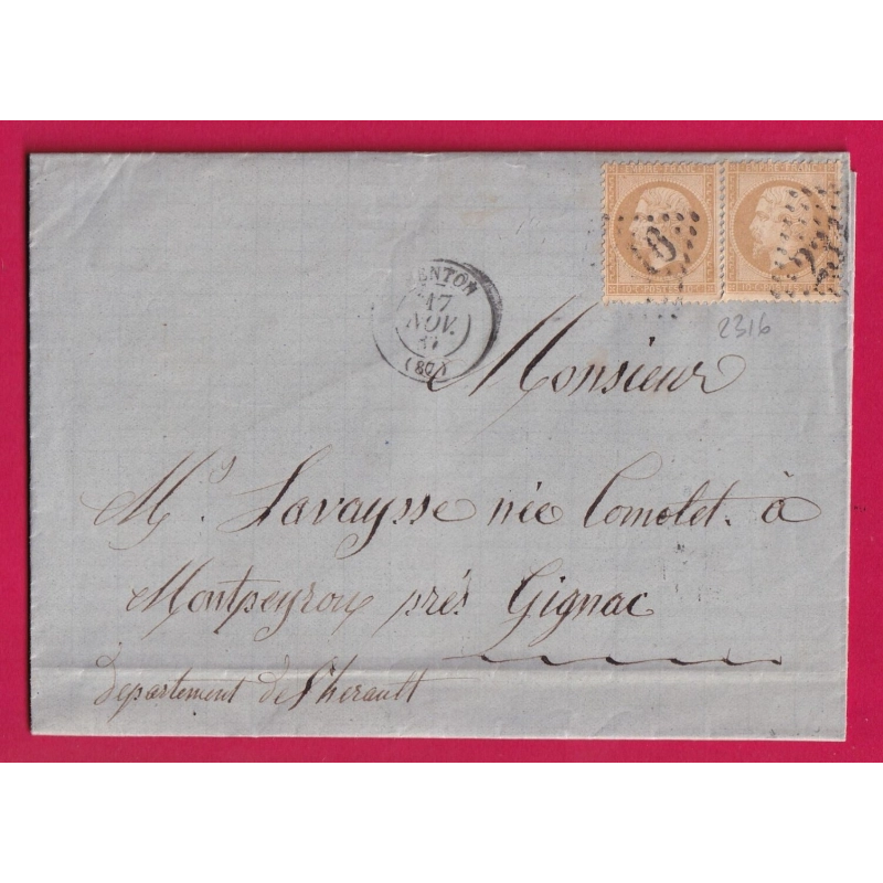 N°21 X2 GC 2316 MENTON ALPES MARITIMES POUR GIGNAC HERAULT LETTRE COVER