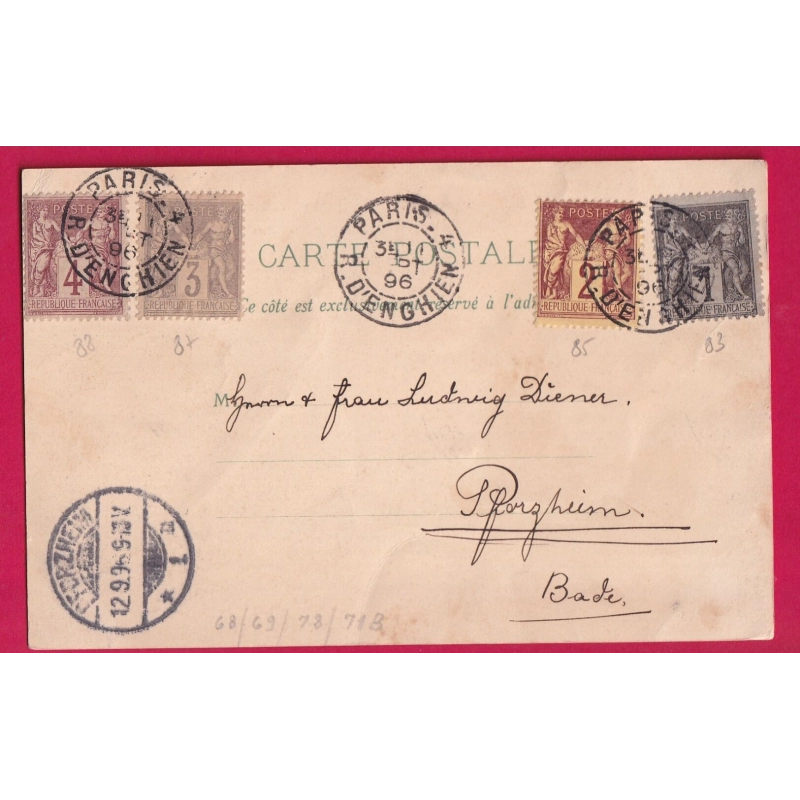 N°83 85 87 88 R D'ENGHEINS POUR ALLEMAGNE 1896 BELLE CARTE POSTALE LETTRE COVER