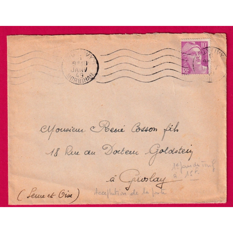 N°811 1ER JOUR DE TARIF A 10FR 6 JANVIER 1949 PONTIVY MORBIHAN LETTRE MARIANNE DE GANDON