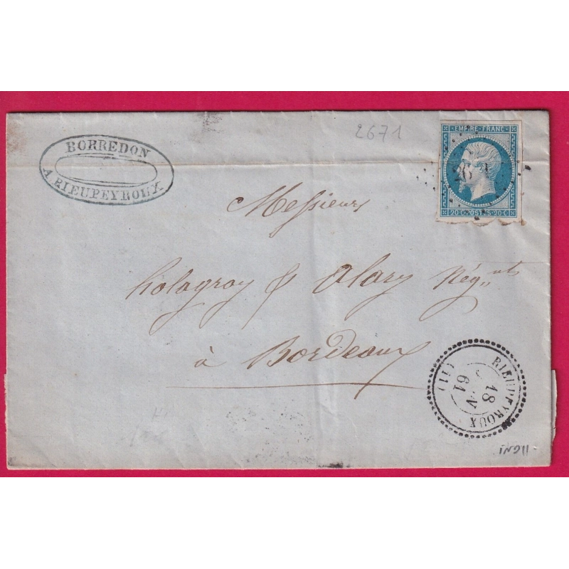N°14 PC 2671 RIEUPEYROUX AVEYRON CAD TYPE 22 POUR BORDEAUX LETTRE COVER