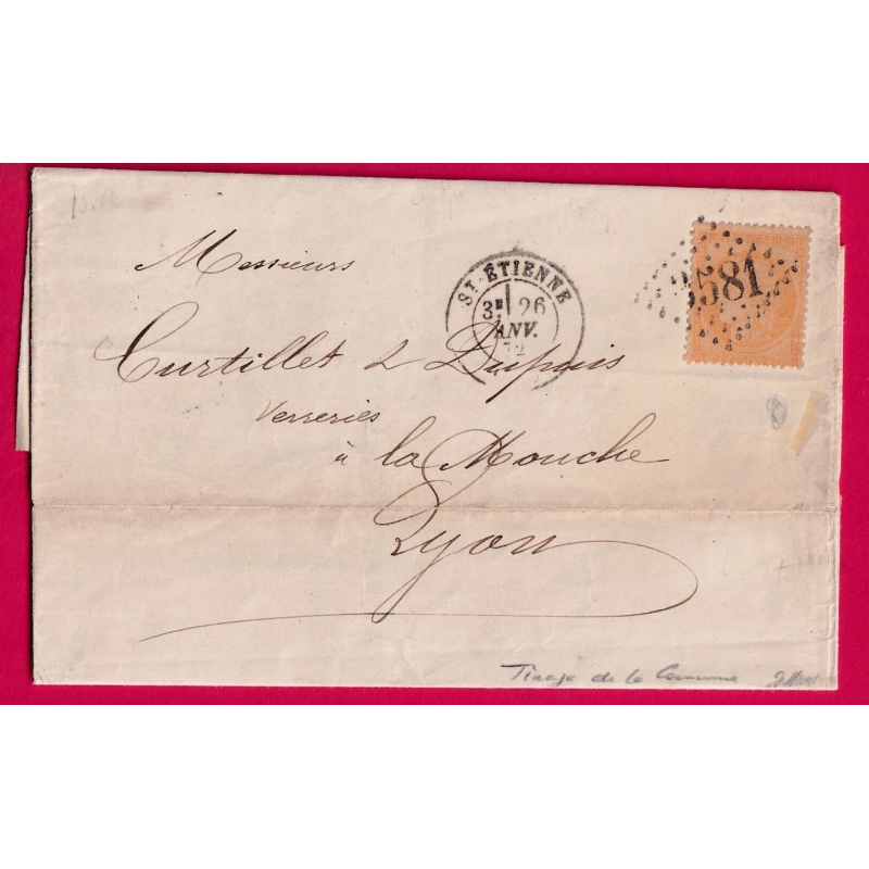 N°38 TIRAGE DE LA COMMUNE GC 3581 ST ETIENNE LOIRE POUR LYON LETTRE COVER