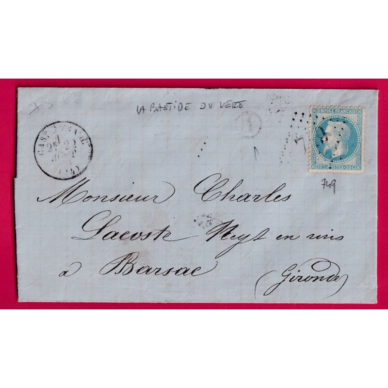 N°29 GC 749 CASTELFRANC LOT BOITE RURALE A LA BASTIDE DU VERT POUR BARSAC GIRONDE LETTRE COVER