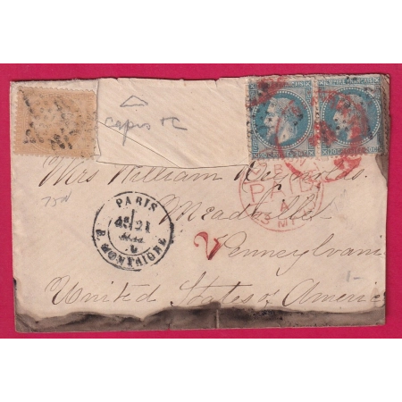 N°28 29 PAIRE PARIS R MONTAIGNE POUR ETATS UNIS USA CAD ROUGE NEW YORK SUR 29 MANQUE UN OU DEUX TIMBRES LETTRE COVER