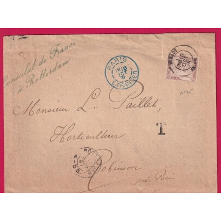 TAXE N°25 SUR LETTRE DU CONSULAT DE FRANCE A ROTTERDAM PARIS ETRANGER BLEU MEAUX 1891 RARE LETTRE COVER