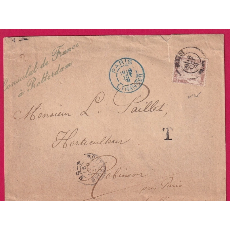 TAXE N°25 SUR LETTRE DU CONSULAT DE FRANCE A ROTTERDAM PARIS ETRANGER BLEU MEAUX 1891 RARE LETTRE COVER