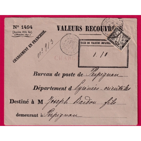 TAXE N°15 VALEUR A RECOUVRE CHARGE BEAULIEU CORREZE POUR PERPIGNAN PYRENEES ORIENTALES LETTRE COVER