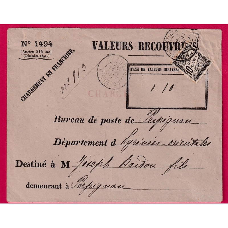 TAXE N°15 VALEUR A RECOUVRE CHARGE BEAULIEU CORREZE POUR PERPIGNAN PYRENEES ORIENTALES LETTRE COVER