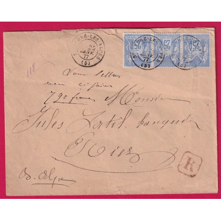 N°78 BANDE DE 3 ST ANDRE LES ALPES BASSES ALPES RECOMMANDE POUR RIEZ 1877 LETTRE COVER
