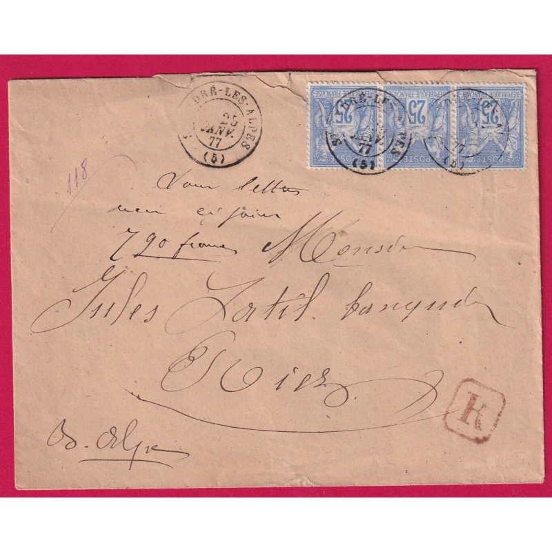 N°78 BANDE DE 3 ST ANDRE LES ALPES BASSES ALPES RECOMMANDE POUR RIEZ 1877 LETTRE COVER