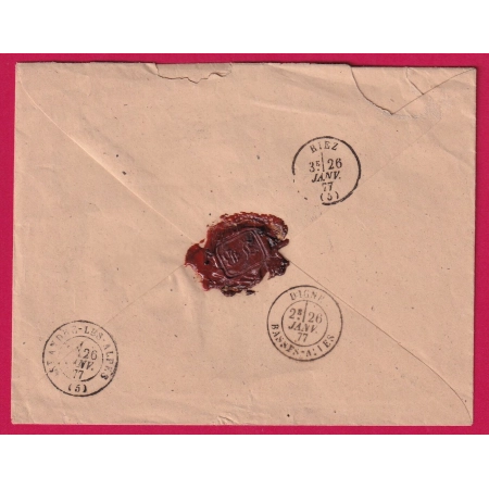 N°78 BANDE DE 3 ST ANDRE LES ALPES BASSES ALPES RECOMMANDE POUR RIEZ 1877 LETTRE COVER