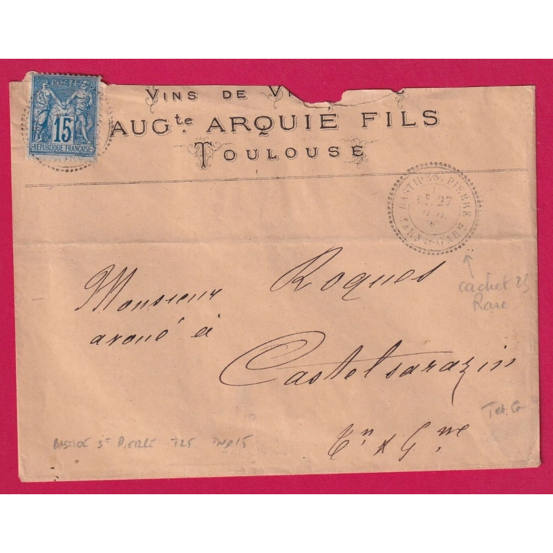 N°90 CAD TYPE 25 LA BASTIDE ST PIERRE TARN ET GARONNE INDICE 15 POUR CASTELSARRAZIN LETTRE COVER