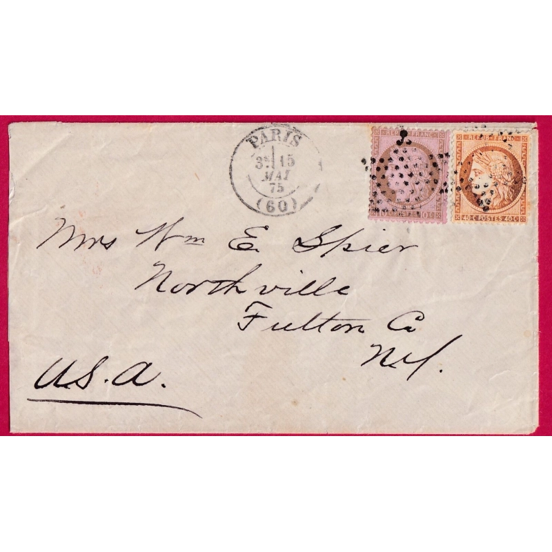 N°54 38 PARIS ETOILE PLEINE BUREAU CENTRAL POUR NEW YORK USA 1875