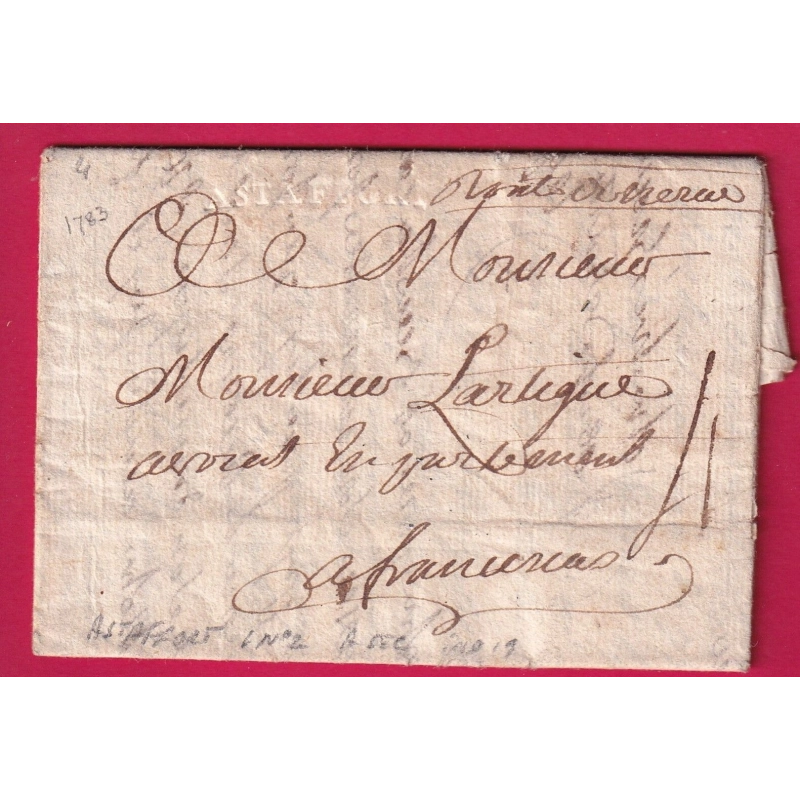 MARQUE ASTAFFORT A SEC LOT ET GARONNE LN°2 INDICE 19 MENTION ROUTE DE NERAC POUR FRANCESCAS 1783 LETTRE COVER