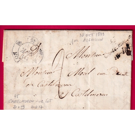 CURSIVE 45 CASTELMORON SUR LOT 31X19 INDICE 17 EN ARRIVEE AU RECTO DEPART STE RADEGONDE LOT ET GARONNE LETTRE 1839